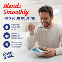 Close-up texture of PureGood blue spirulina powder highlighting fine blendability