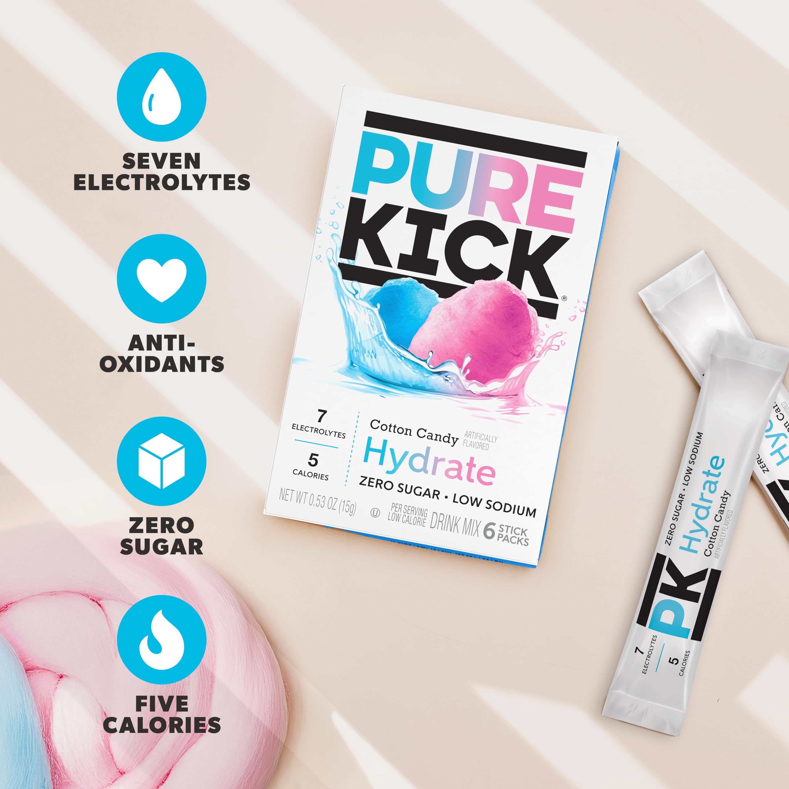 PURE KICK mixed in water bottle demonstrating vibrant cotton candy flavor boost