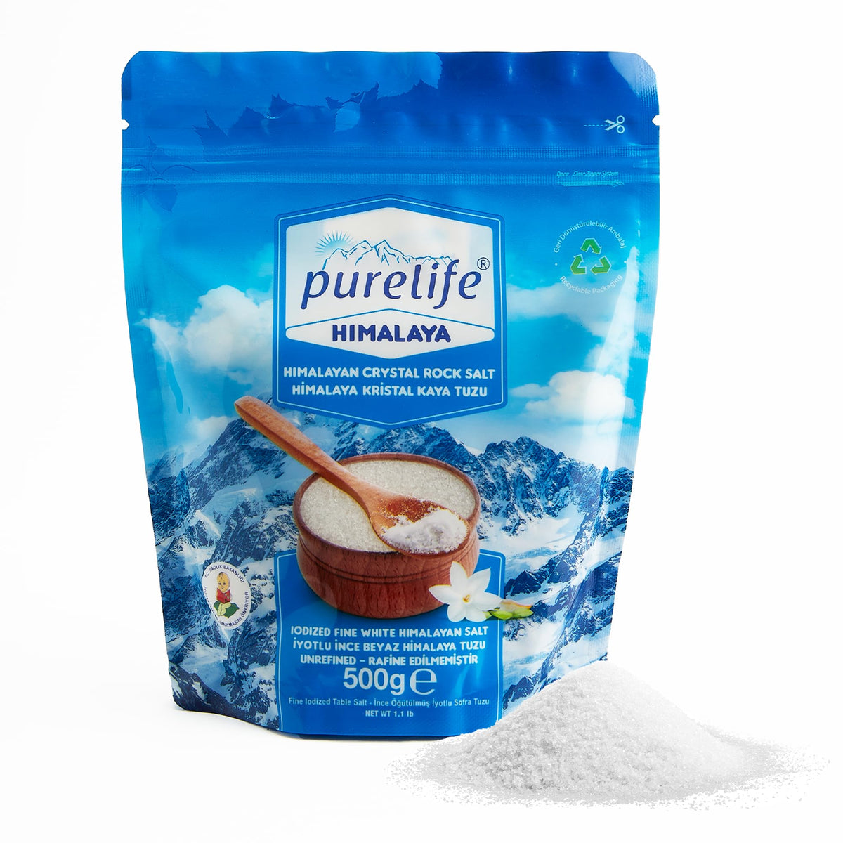 Purelife front packaging showing white iodized salt with clear labeling benefit: easy seasoning