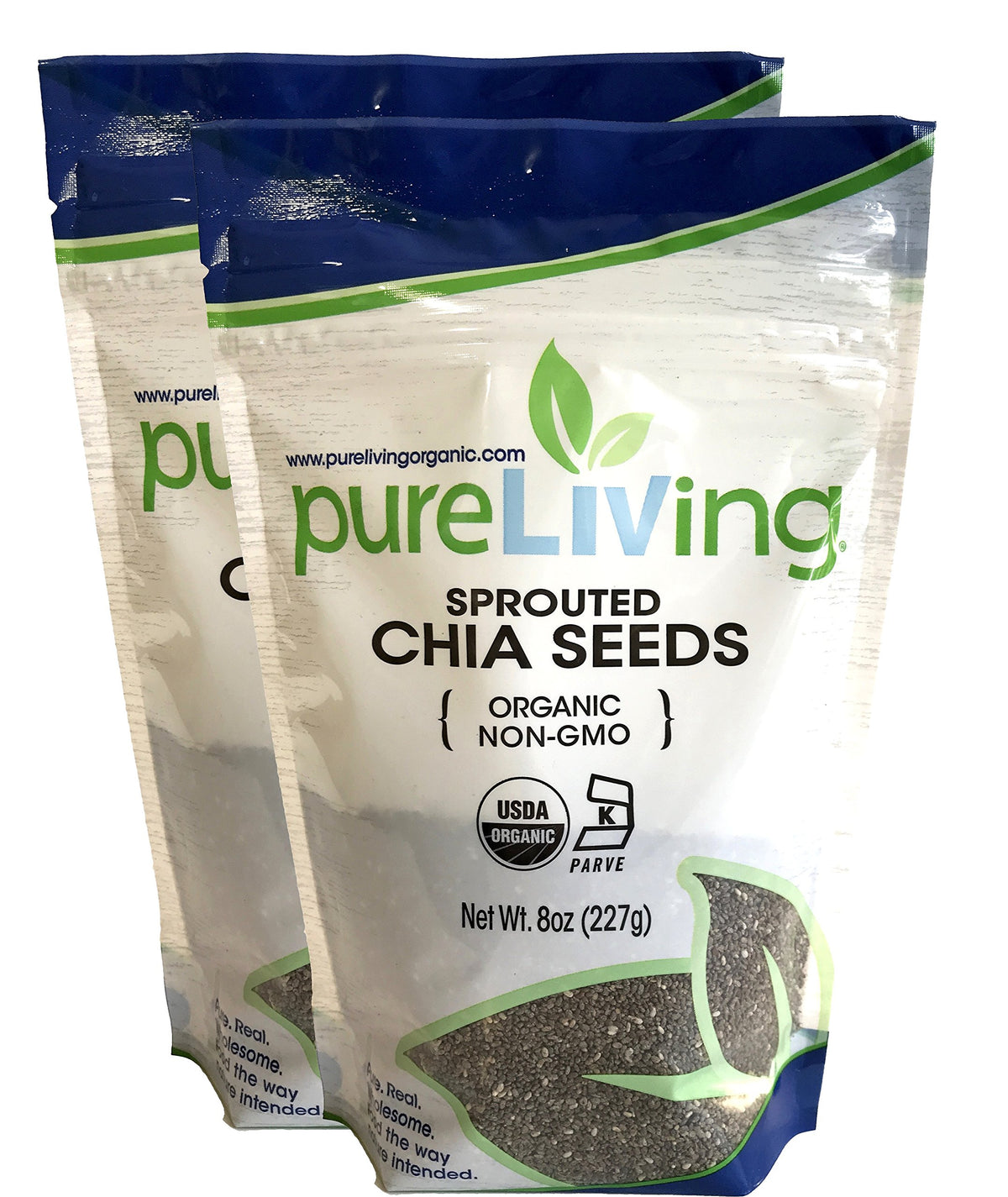 Pureliving front packaging showing two 8 oz bags and organic label benefits