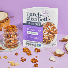 purely elizabeth cinnamon peanut butter granola on spoon showing texture