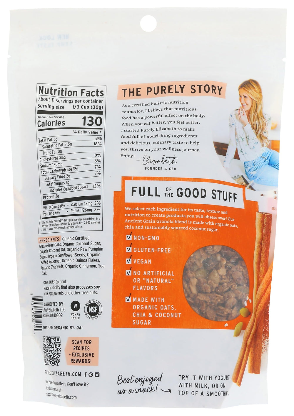 Purely Elizabeth close-up of crunchy granola clusters highlighting texture and whole grains