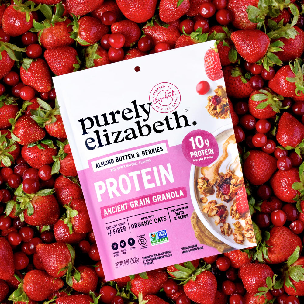 purely elizabeth dark chocolate blueberry bag close-up highlighting flavor and protein