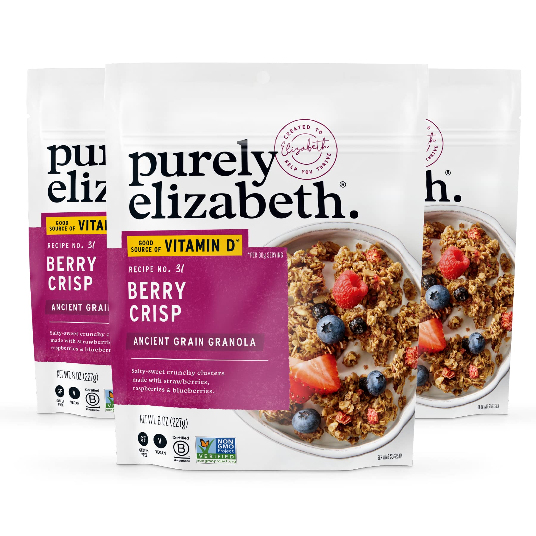 purely elizabeth front packaging showing berry crisp granola and vitamin D benefit