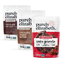 purely elizabeth front packaging showing all three chocolate granola bags and variety