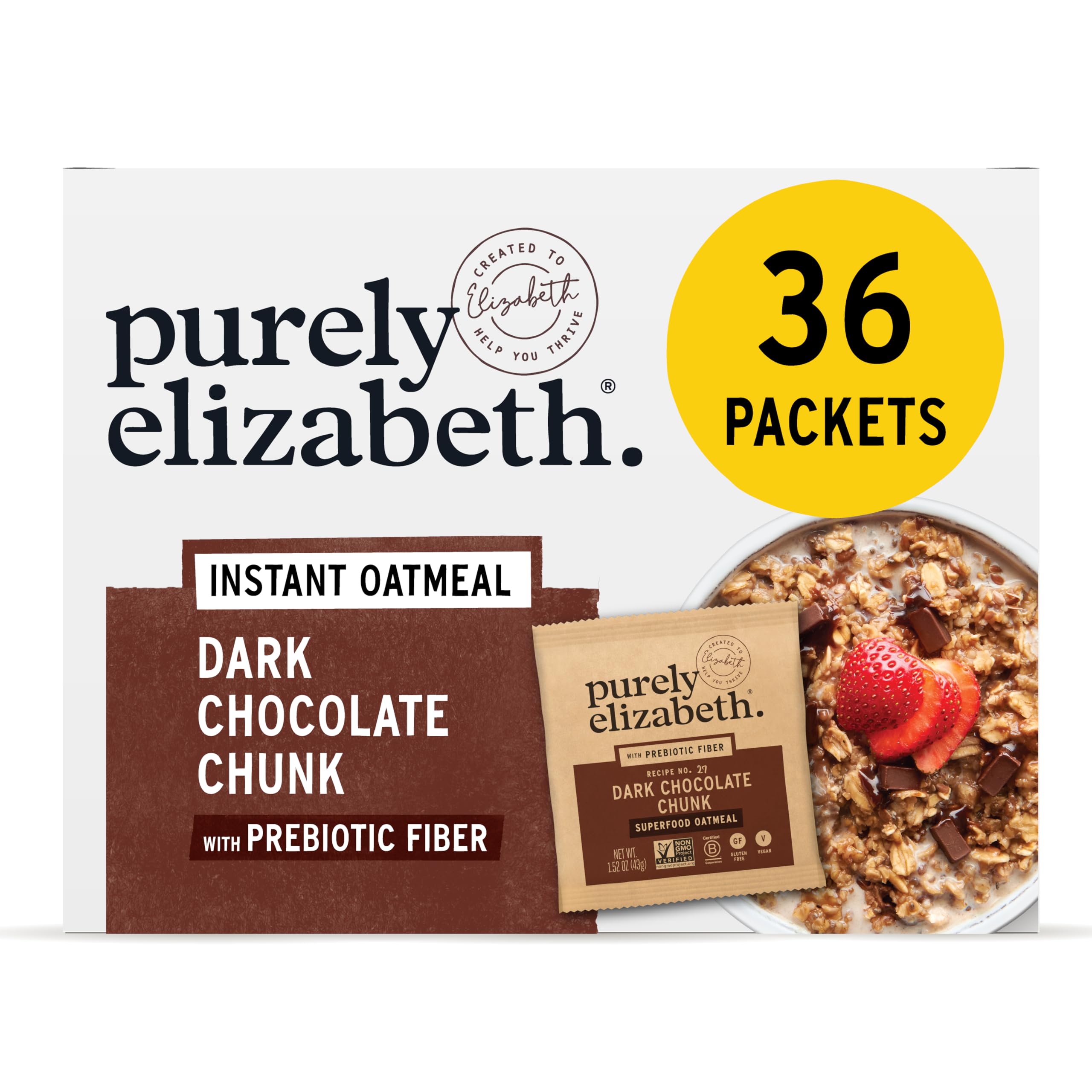 Purely Elizabeth front packaging showing dark chocolate chunk flavor and benefits