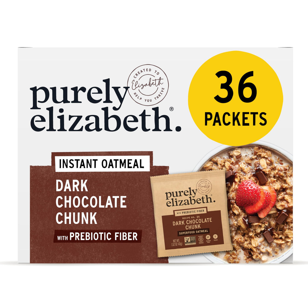 Purely Elizabeth front packaging showing dark chocolate chunk flavor and benefits