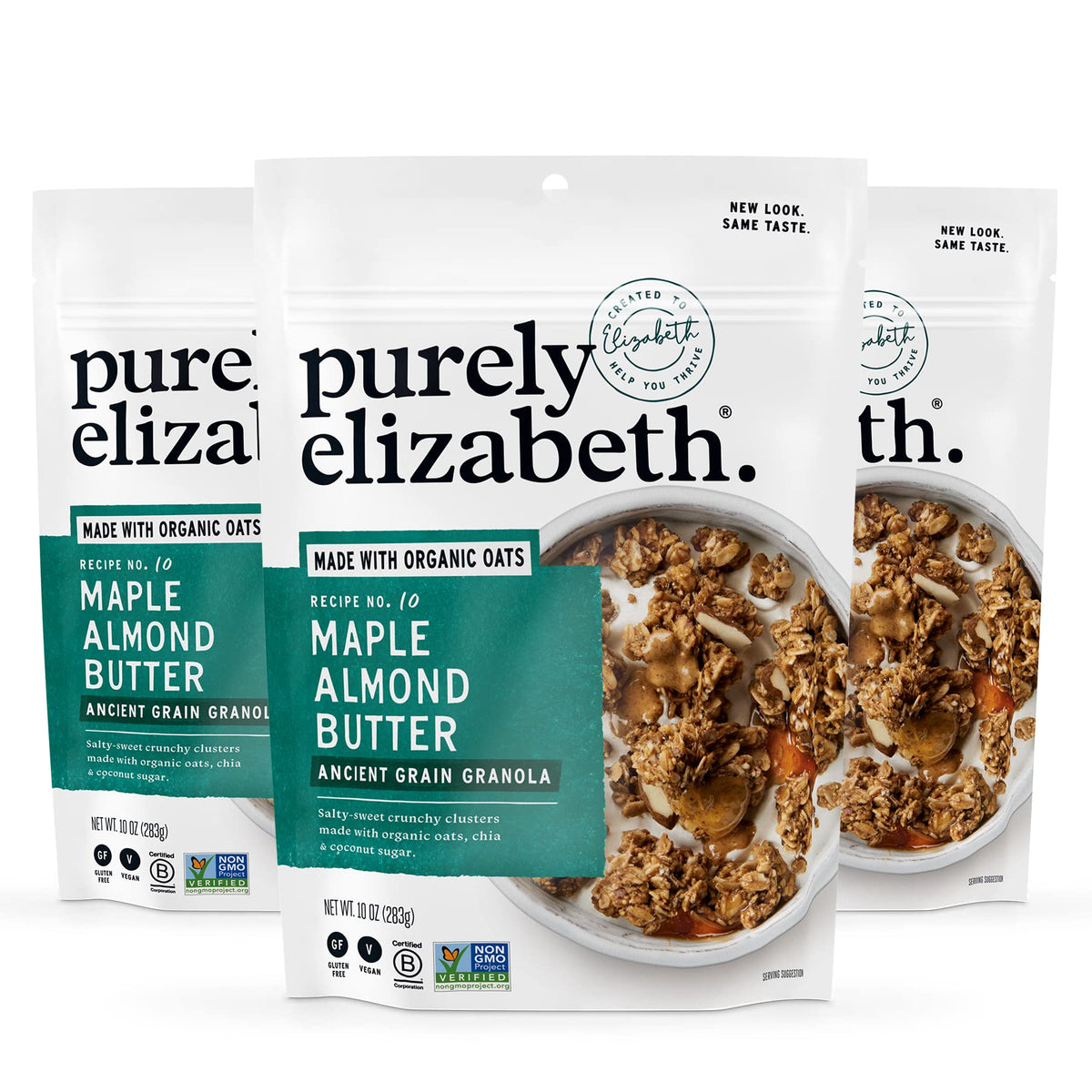 Purely Elizabeth front packaging showing maple almond butter flavor and benefits