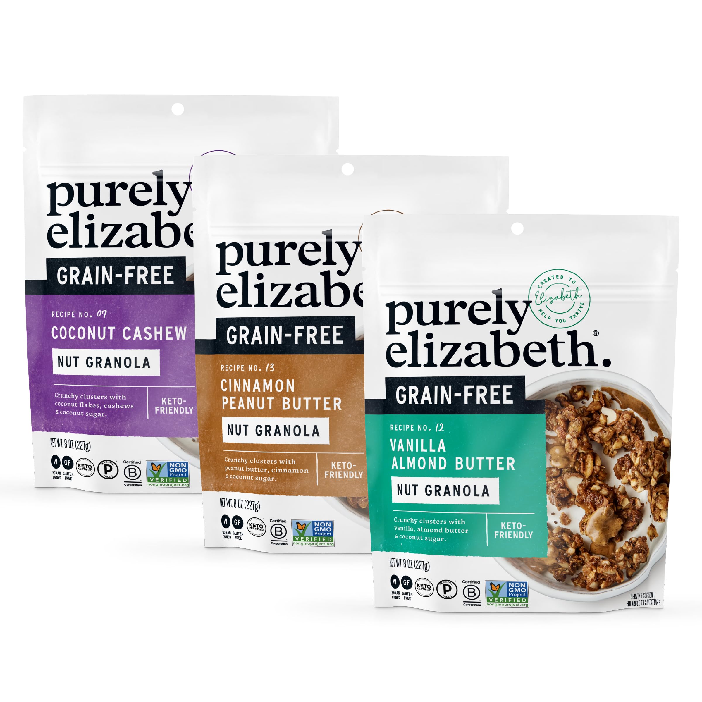 purely elizabeth front packaging showing three 8oz bags and variety