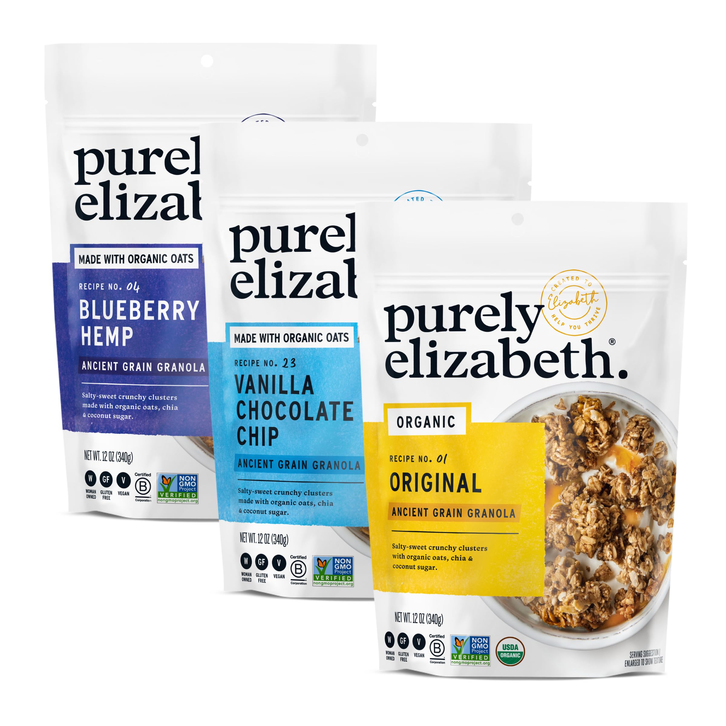 purely elizabeth variety pack front packaging shows three 12 oz bags and clear labeling benefit: easy sampling