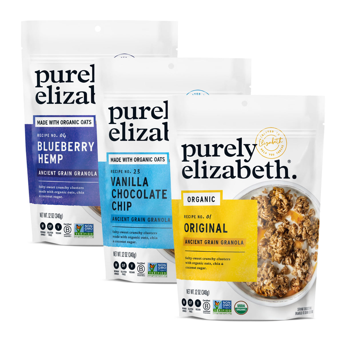 purely elizabeth variety pack front packaging shows three 12 oz bags and clear labeling benefit: easy sampling