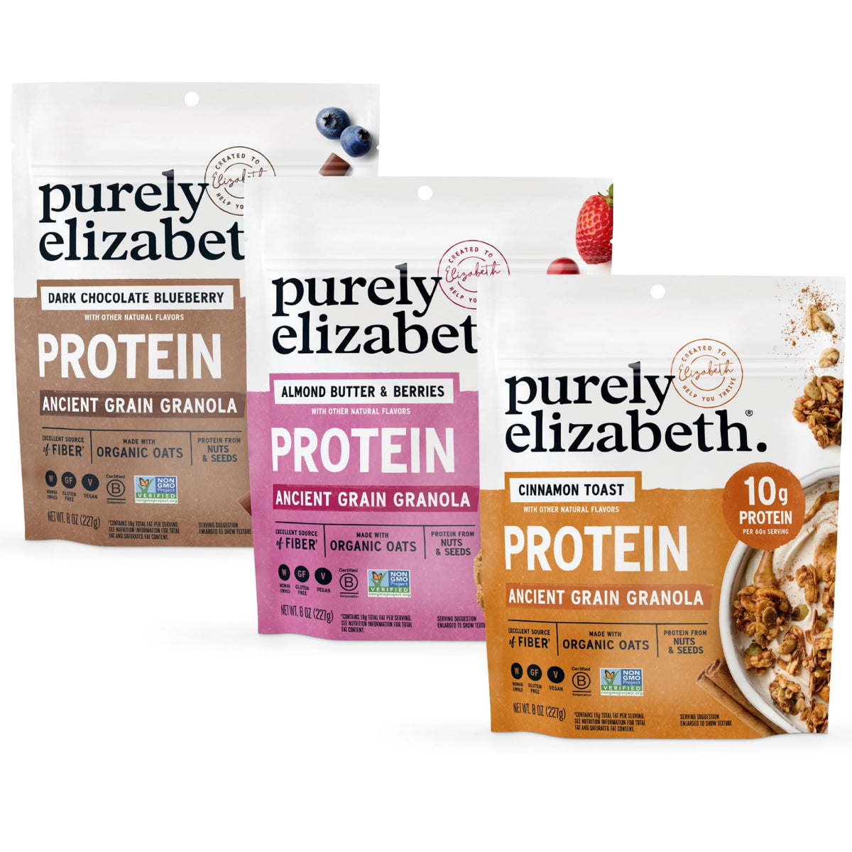 purely elizabeth front packaging showing three 8oz bags and variety benefits