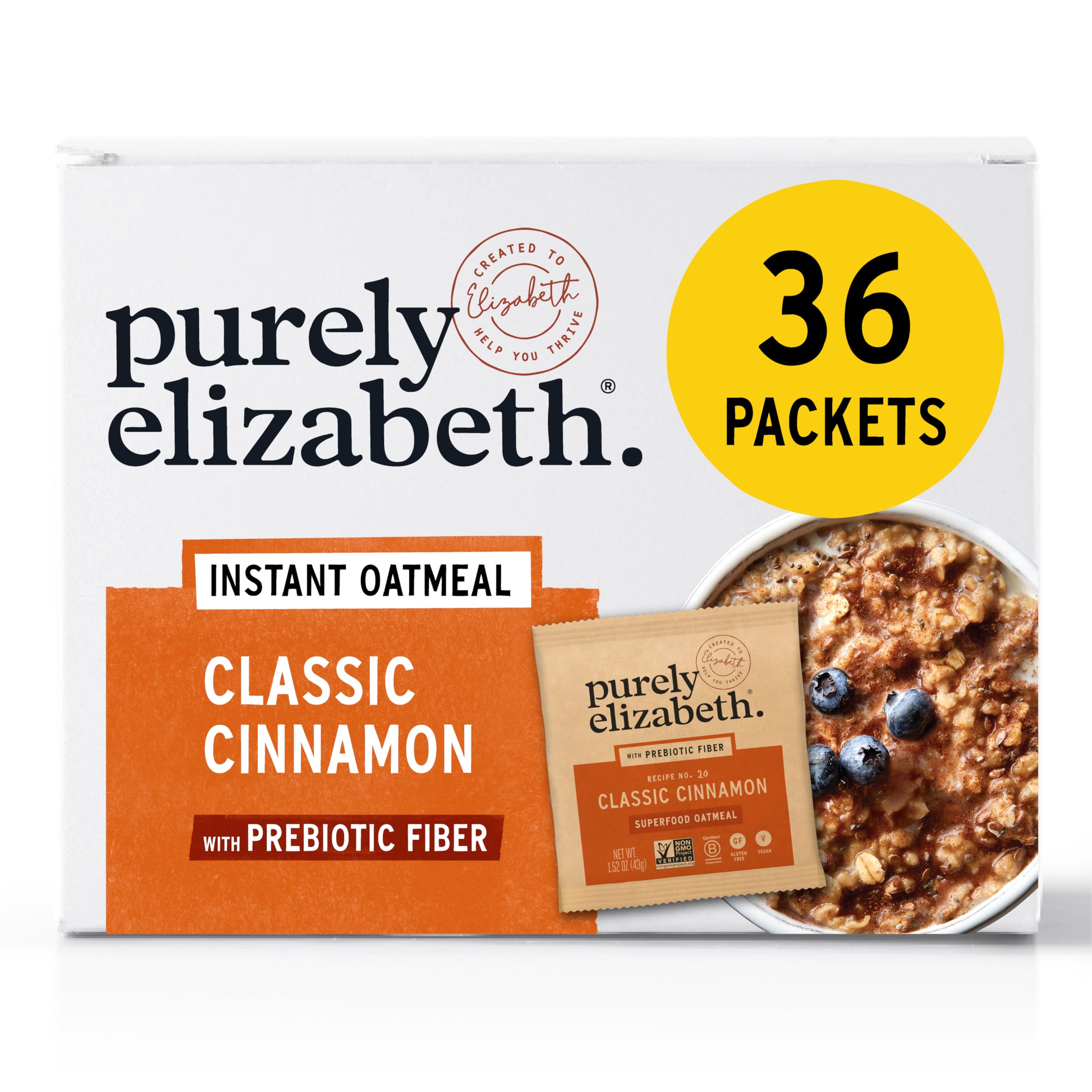 Purely Elizabeth front packaging showing six-pack bundle and cinnamon flavor benefits