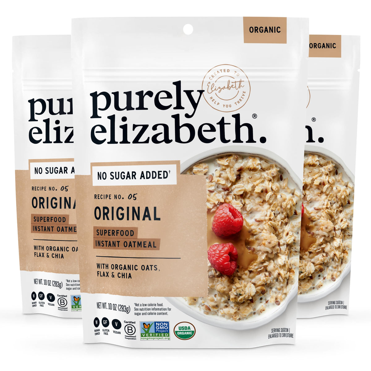 purely elizabeth front packaging showing organic three-pack and benefits