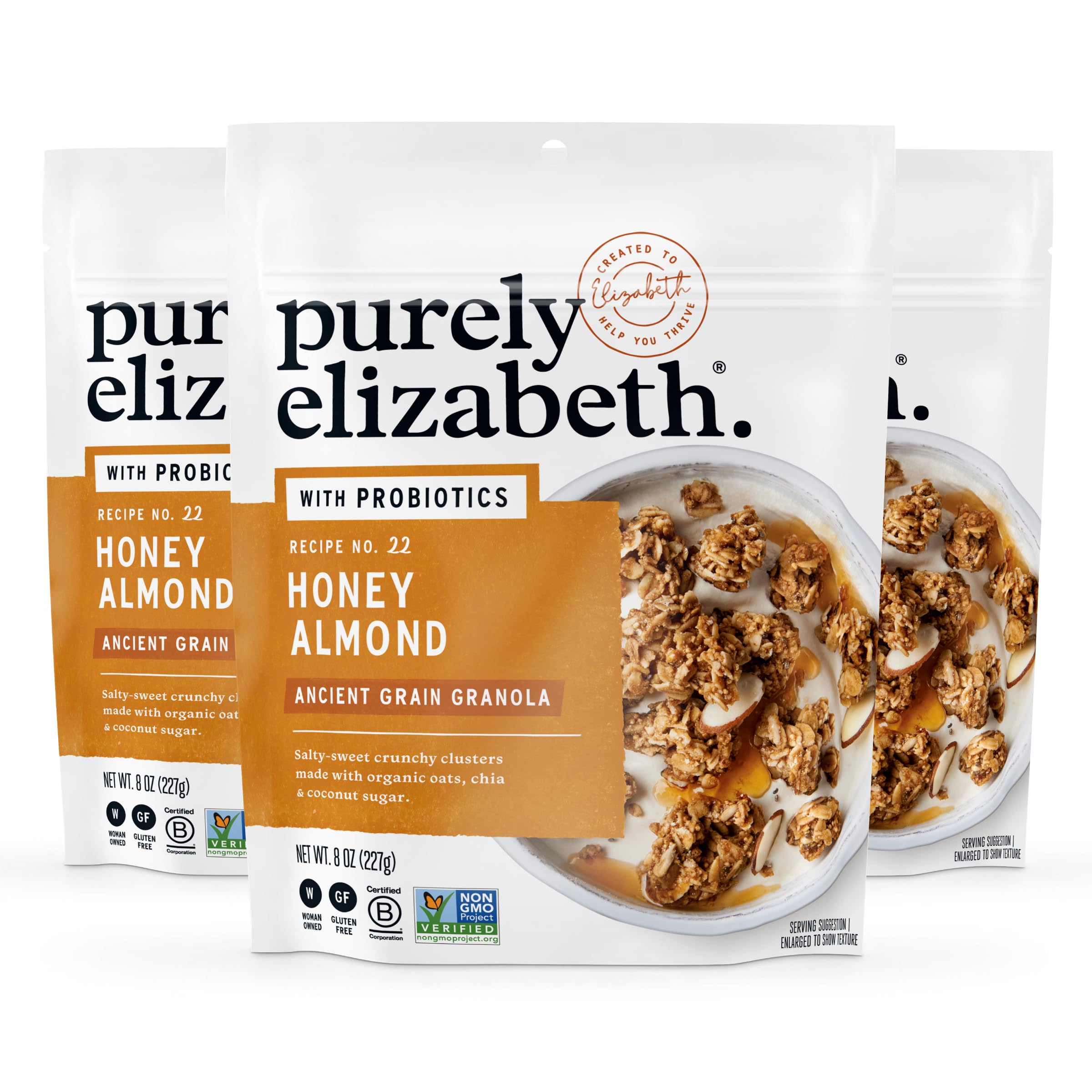 purely elizabeth front packaging showing three 8oz honey almond bags and clear labeling benefit convenience