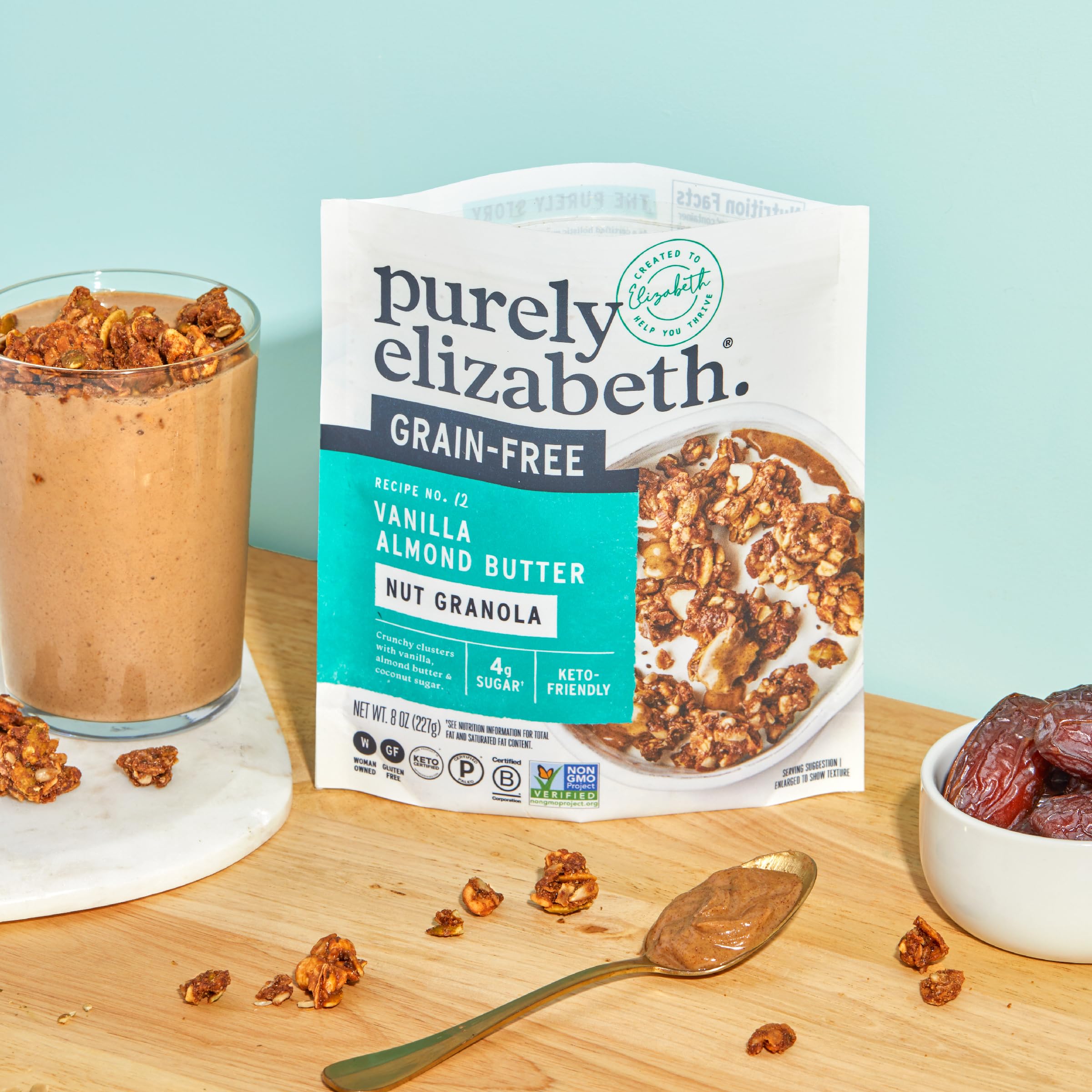 Purely Elizabeth seeds and ingredients close-up showcasing chia, pumpkin, and MCT oil