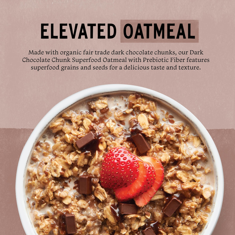 Purely Elizabeth single-serve packet opened showing oats and chocolate chunks for quick prep