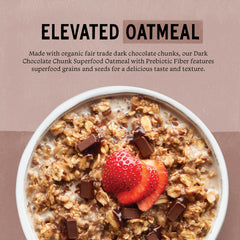 Purely Elizabeth single-serve packet opened showing oats and chocolate chunks for quick prep