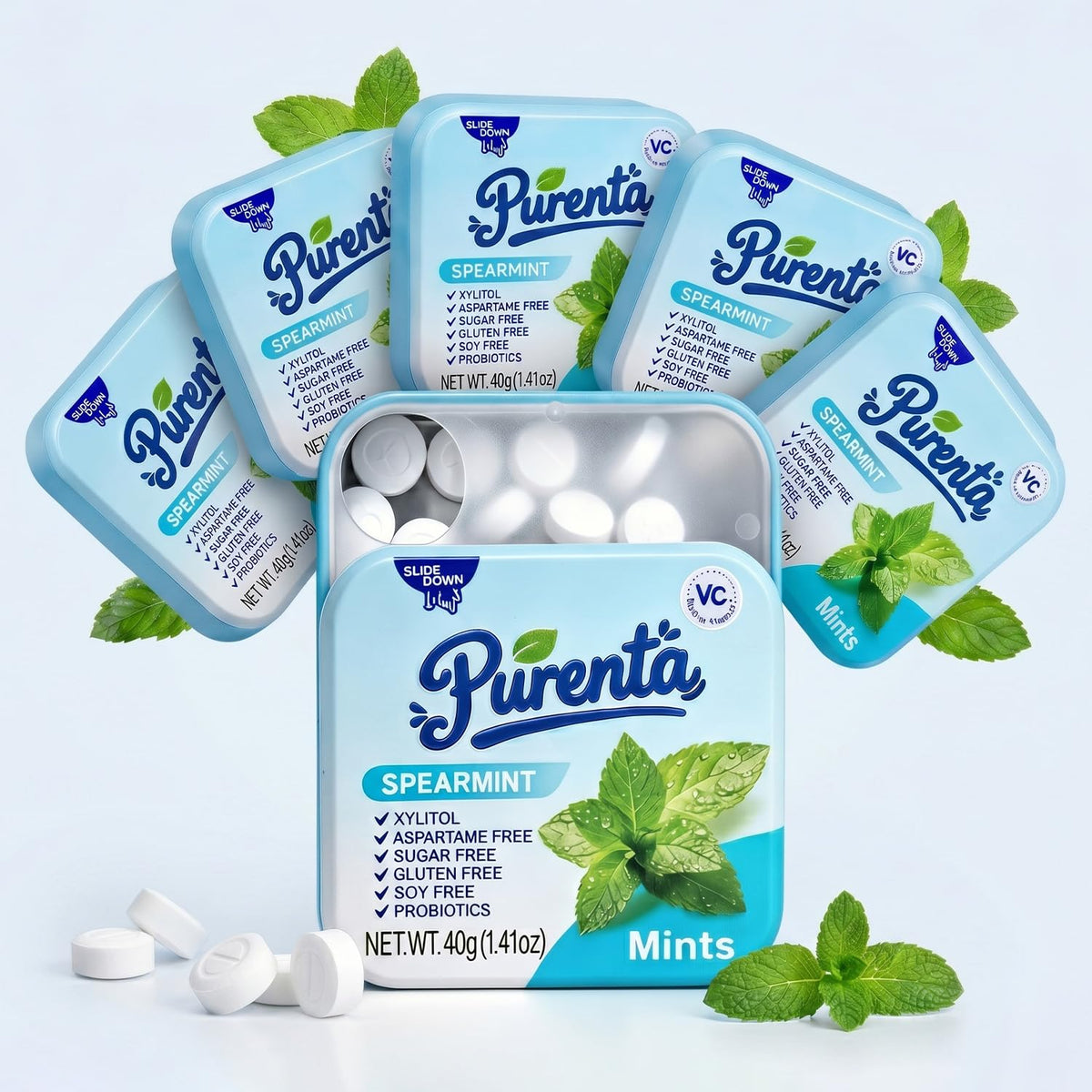 Purenta front tin showing spearmint label and convenient spillproof benefit