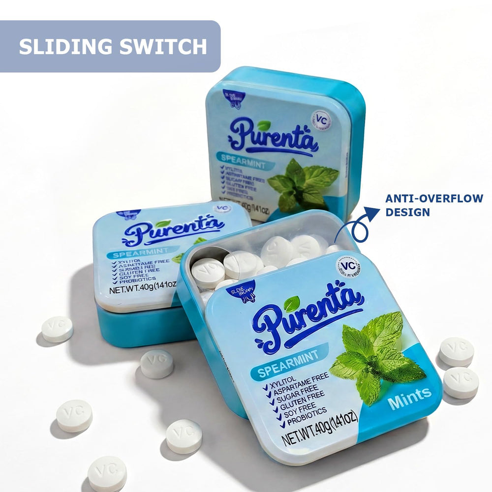 Label close-up on Purenta tin listing probiotics and vitamin C benefits