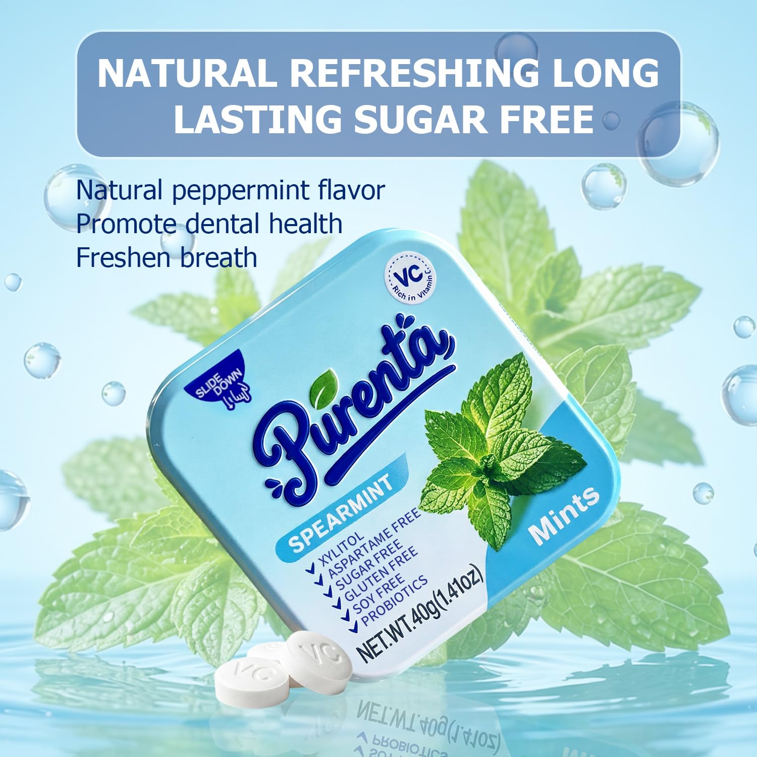 Close-up of Purenta mint texture highlighting xylitol sweetness and cooling