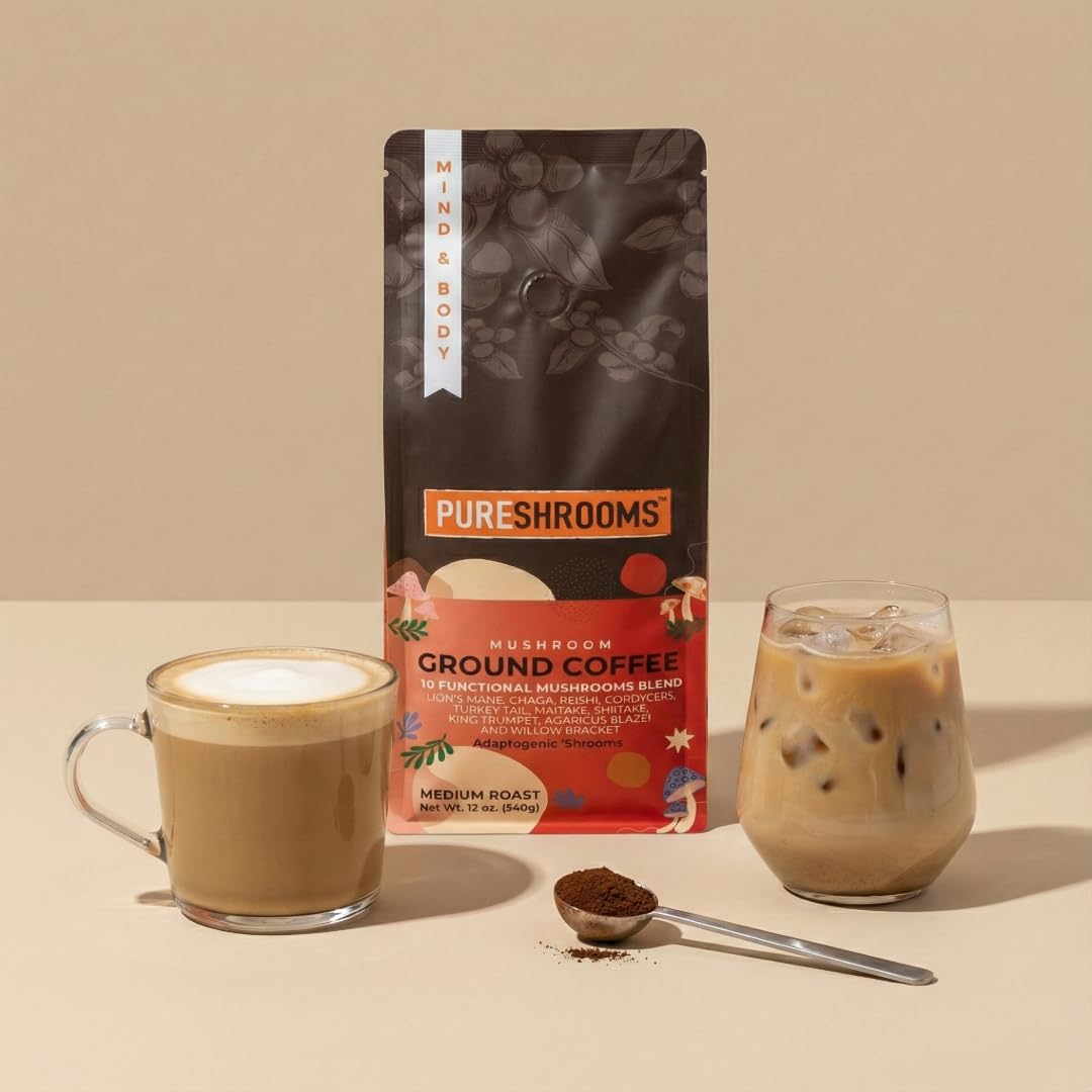 PureShrooms 340g package next to mug to show scale and typical home supply size