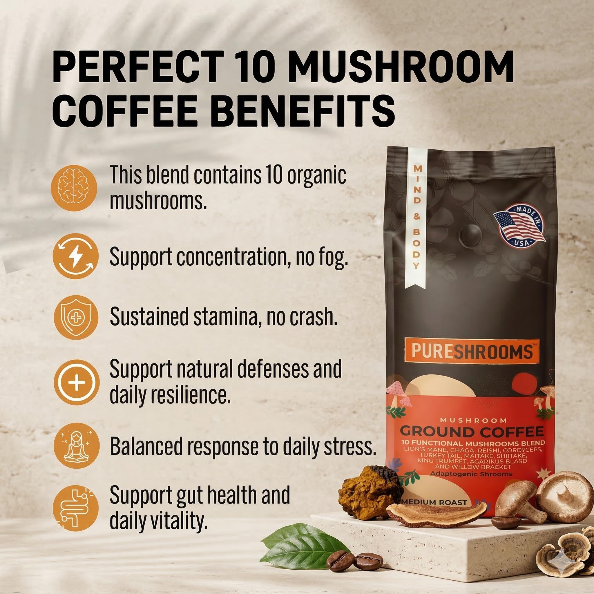 PureShrooms arranged mushroom extracts visually showing ten varieties and ingredient transparency