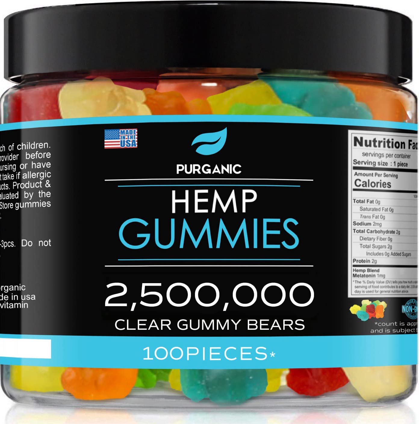 Purganic jar front view showing label and 100-count for clear purchase benefit