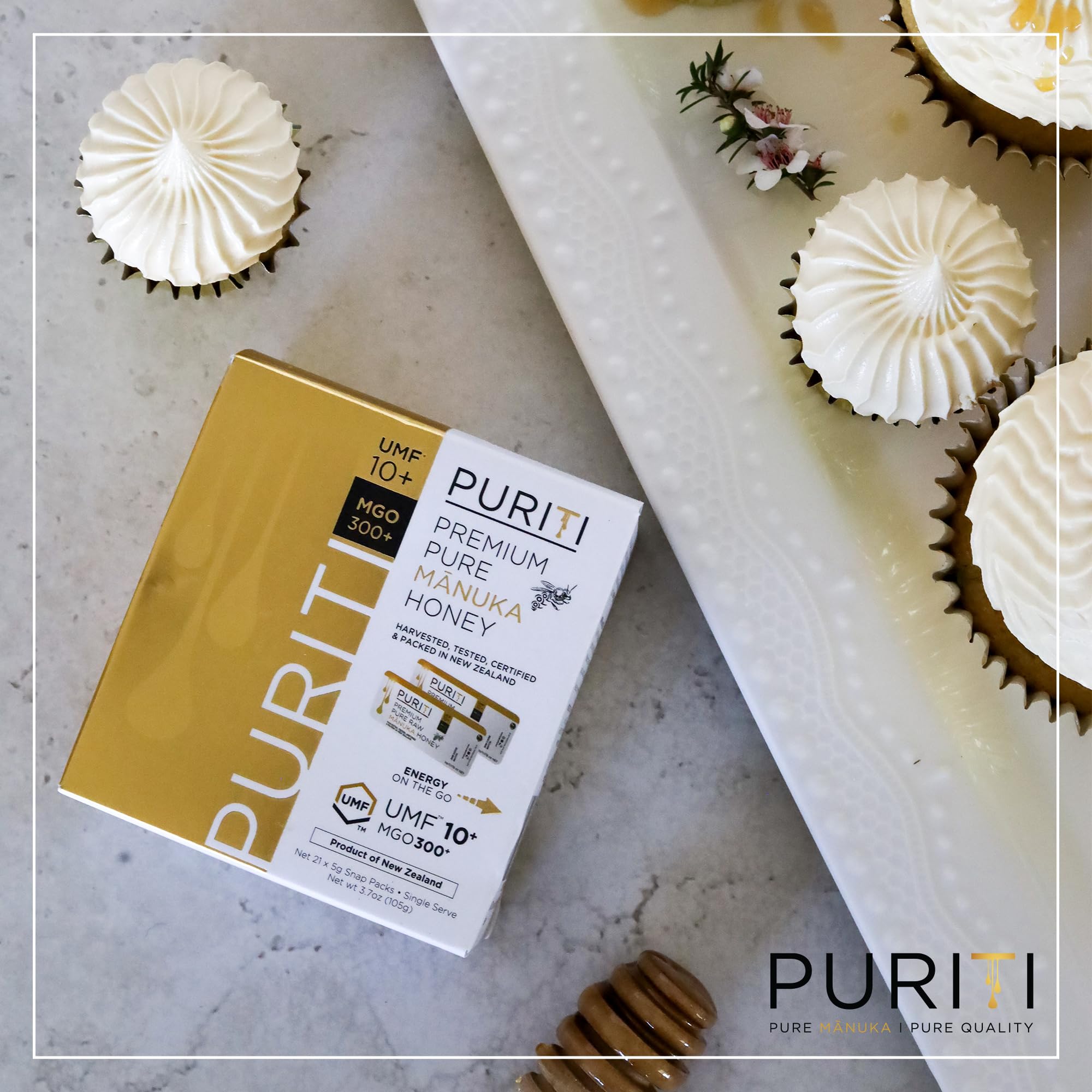 PURITI drizzling honey over yogurt at breakfast for taste and quick energy