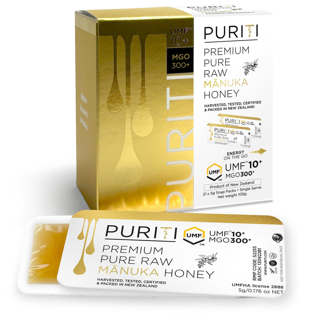 PURITI front box showing 21 single-serve Manuka honey snap packs for convenience