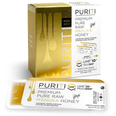 PURITI front box showing 21 single-serve Manuka honey snap packs for convenience