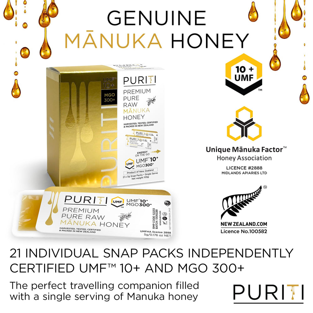 PURITI open packet drizzling honey into tea to sweeten and add natural flavor