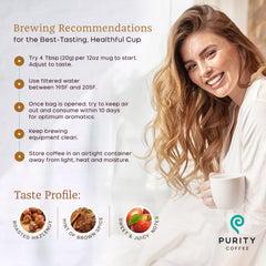 PURITY COFFEE 12oz bag held in hand demonstrating package size and portability