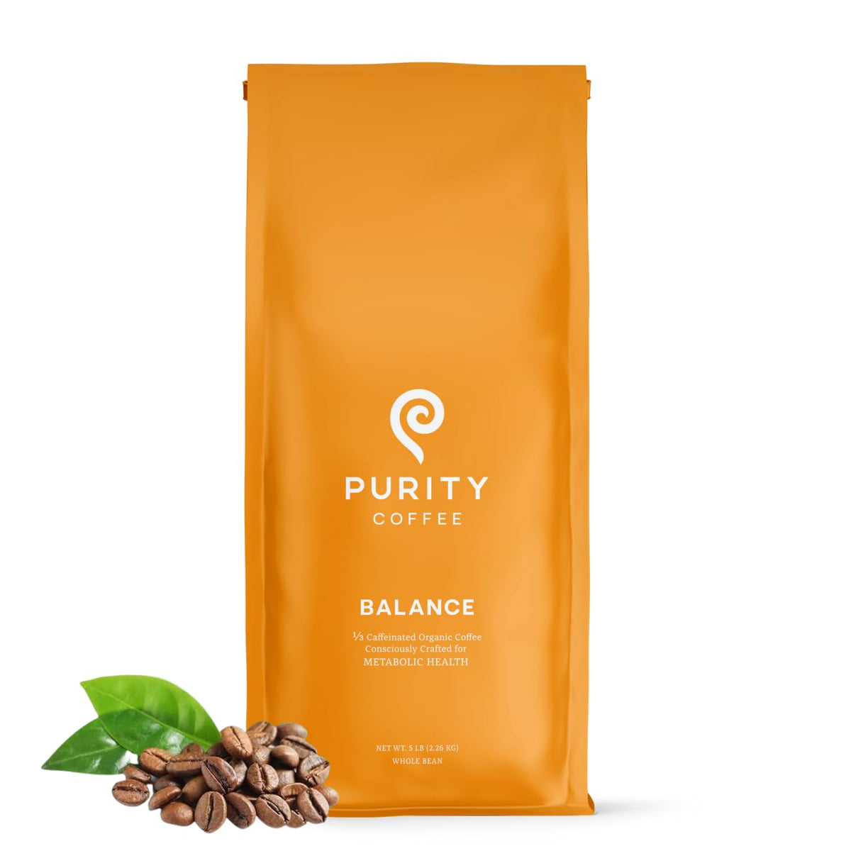 PURITY COFFEE front-packaging of BALANCE 5lb bag showing brand and blend benefits