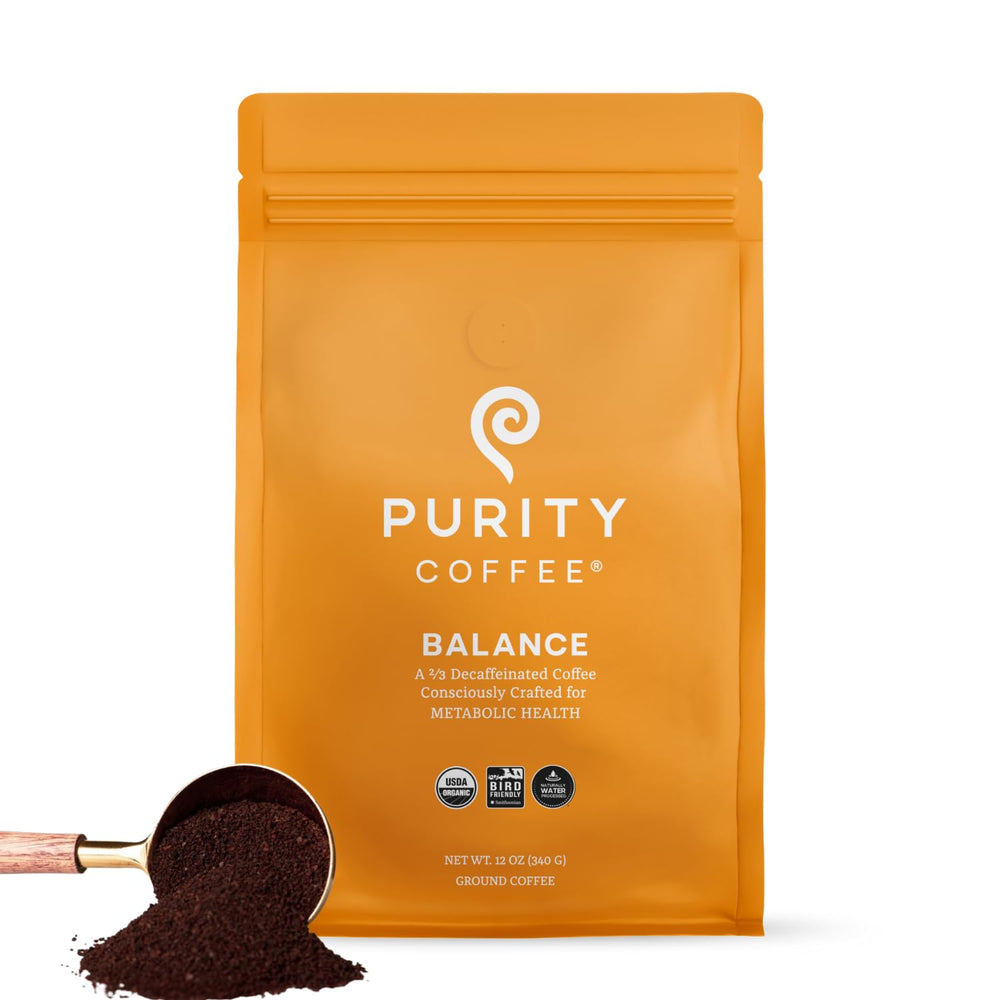 PURITY COFFEE front packaging showing 12oz bag and medium roast benefits