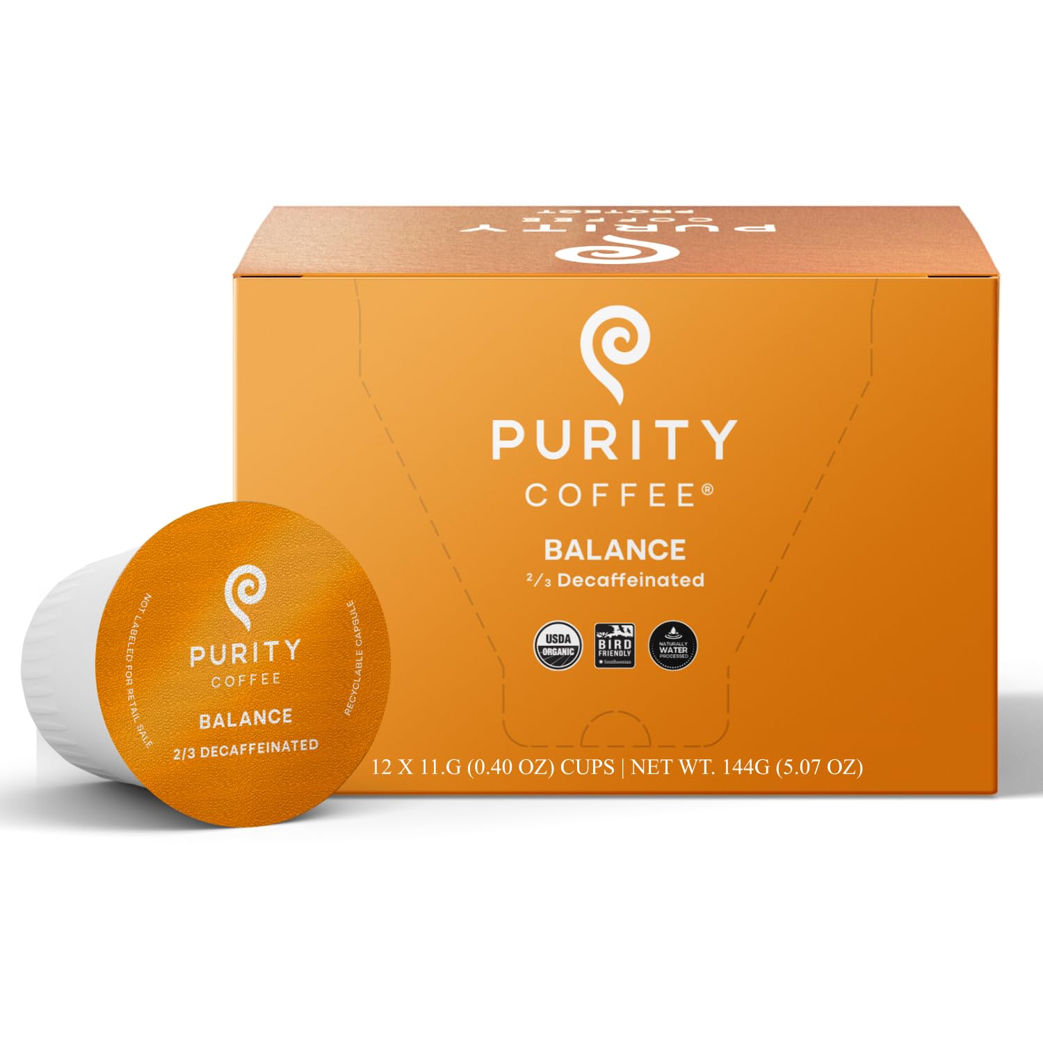 PURITY COFFEE front packaging of BALANCE K-Cup box showing brand and benefit