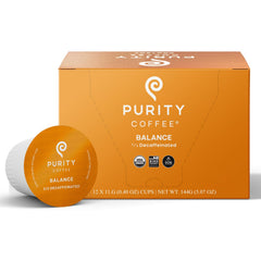 PURITY COFFEE front packaging of BALANCE K-Cup box showing brand and benefit