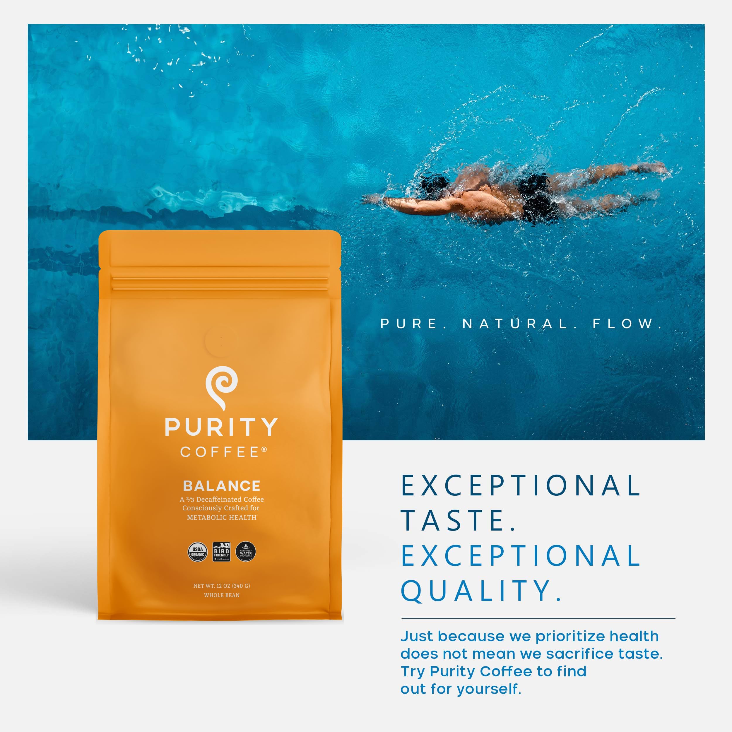 PURITY COFFEE brewed cup on table in lifestyle scene showing enjoyable lower-caffeine cup