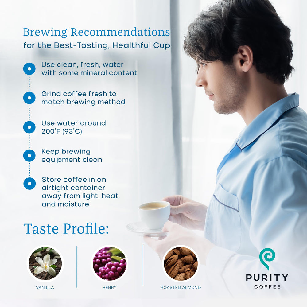 PURITY COFFEE 12oz bag beside scale showing portioning and easy storage