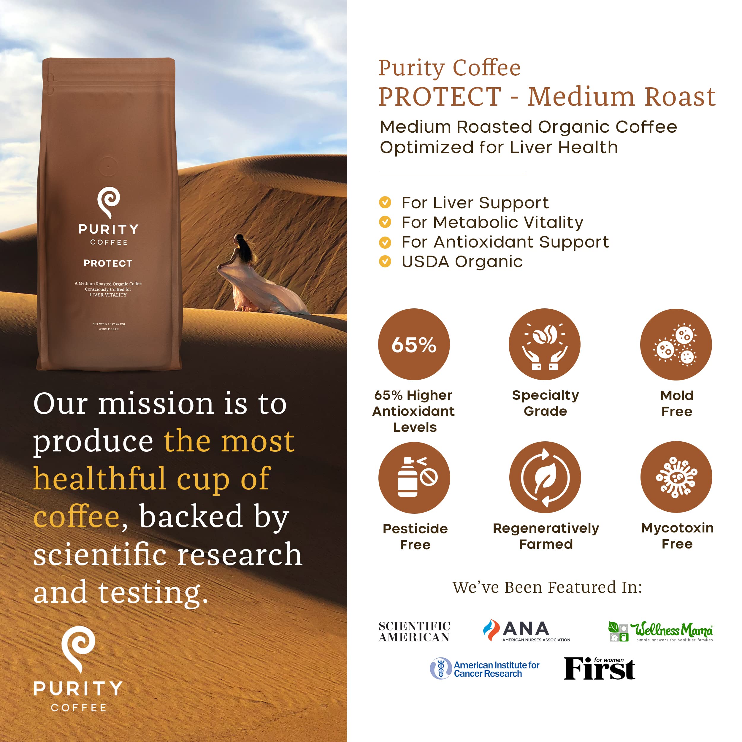 PURITY COFFEE whole-bean close-up highlighting roast color and bean texture