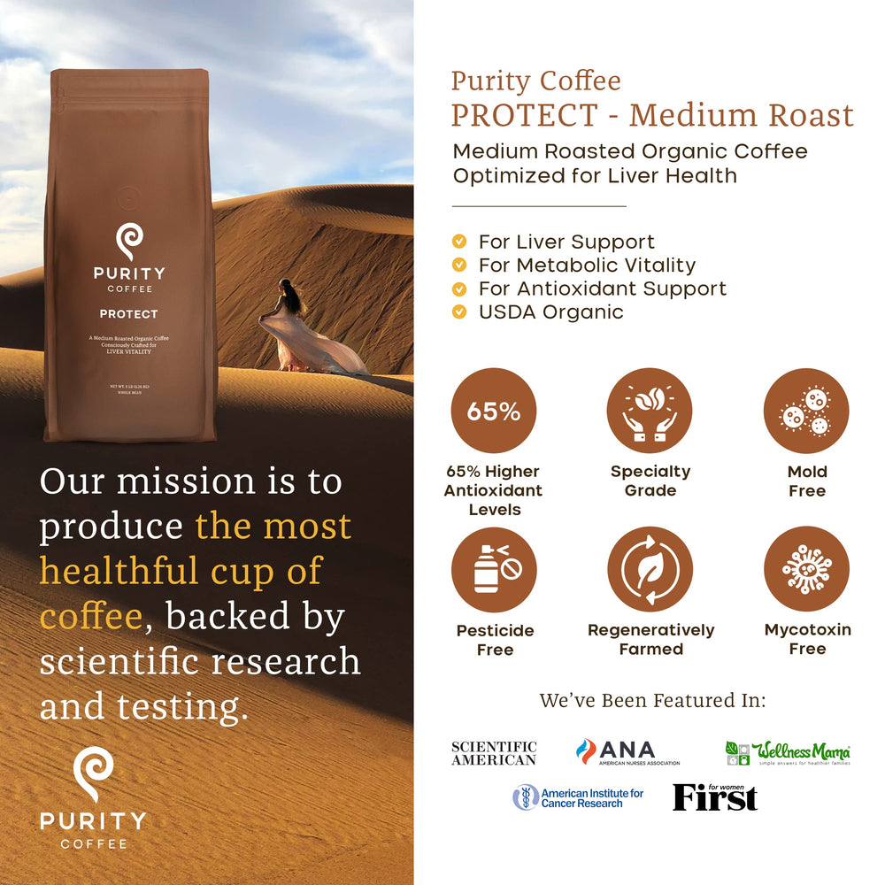 PURITY COFFEE whole-bean close-up highlighting roast color and bean texture