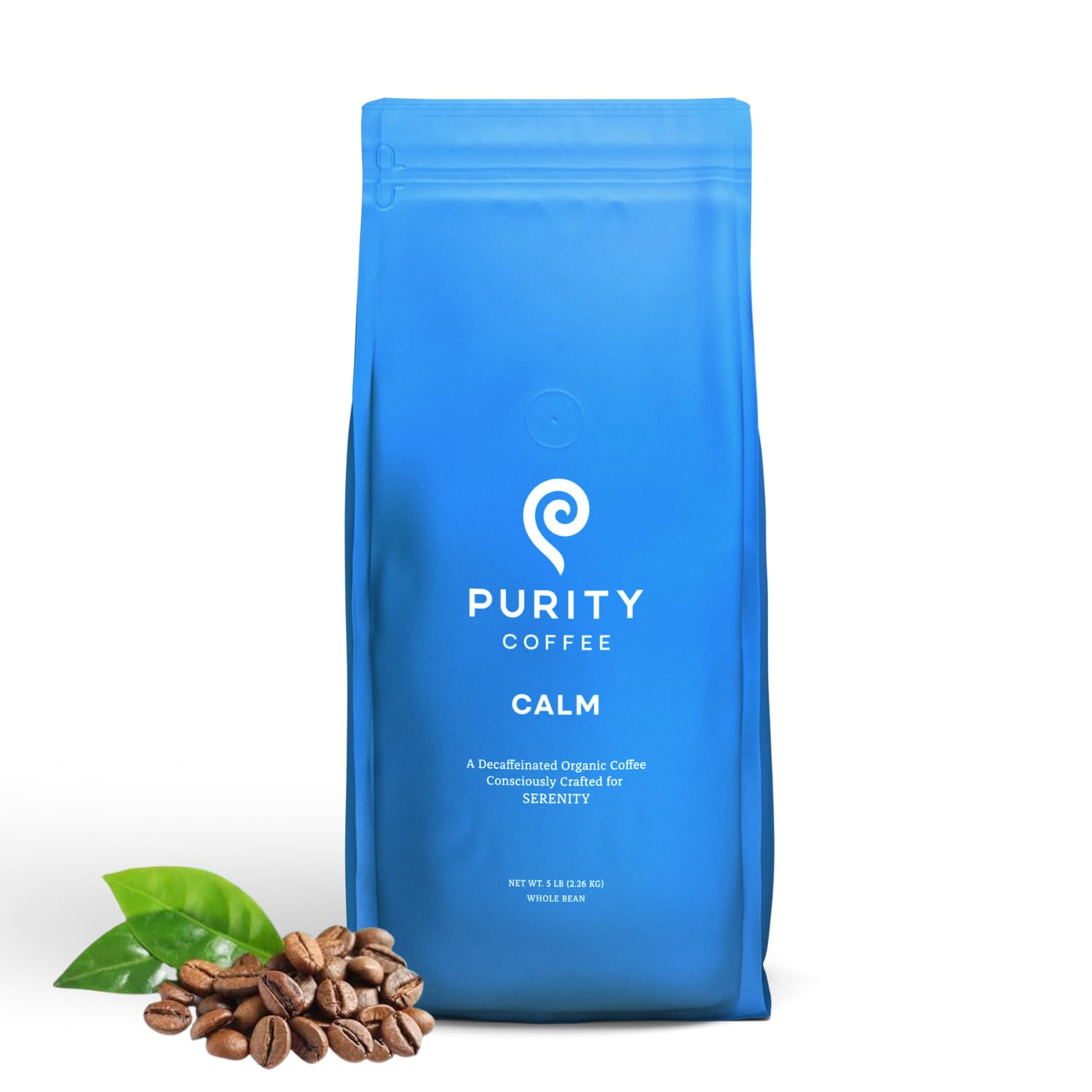 PURITY COFFEE front packaging showing 5 lb CALM bag and benefits