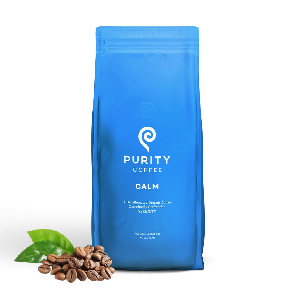 PURITY COFFEE front packaging showing 5 lb CALM bag and benefits