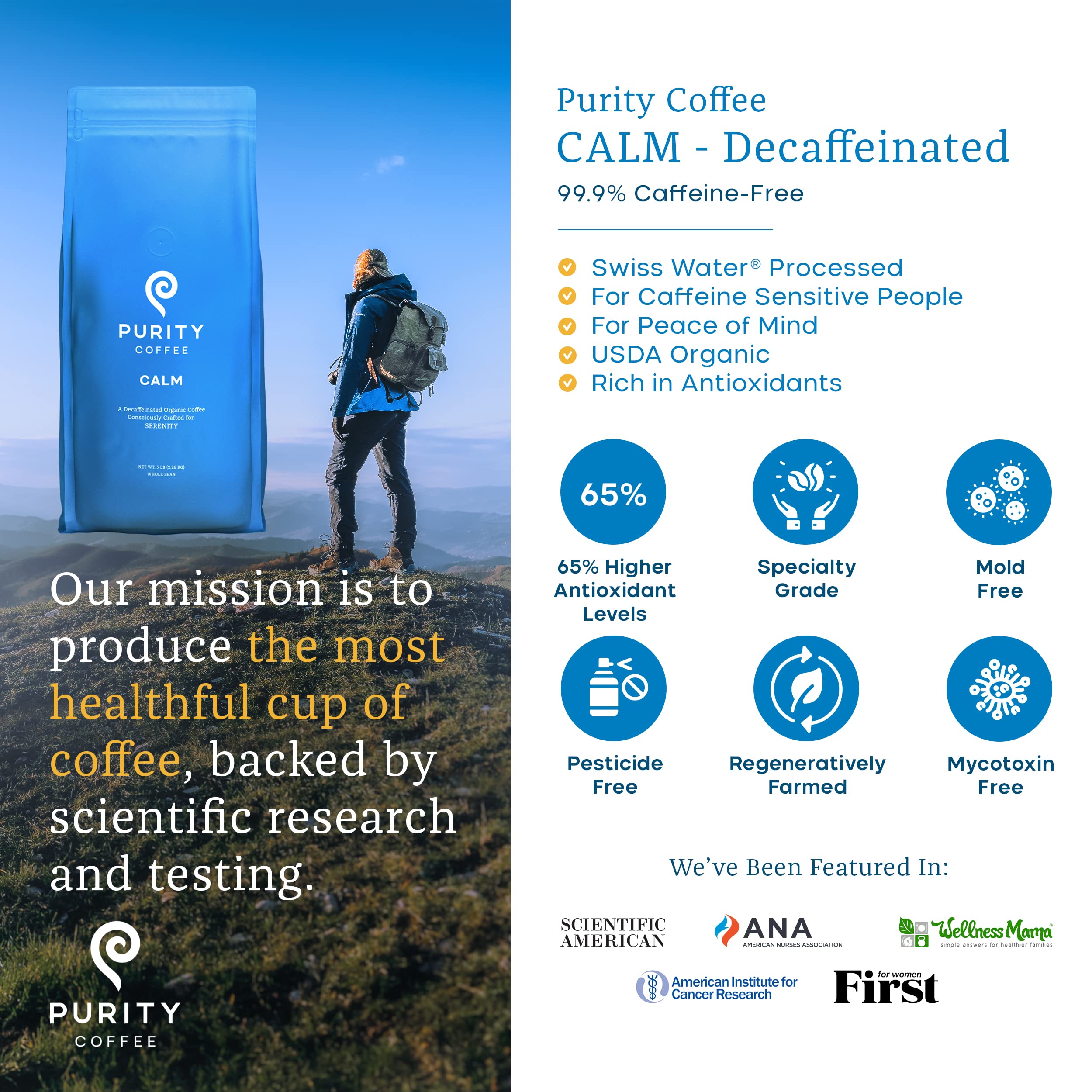 PURITY COFFEE close-up of CALM whole beans highlighting roast texture