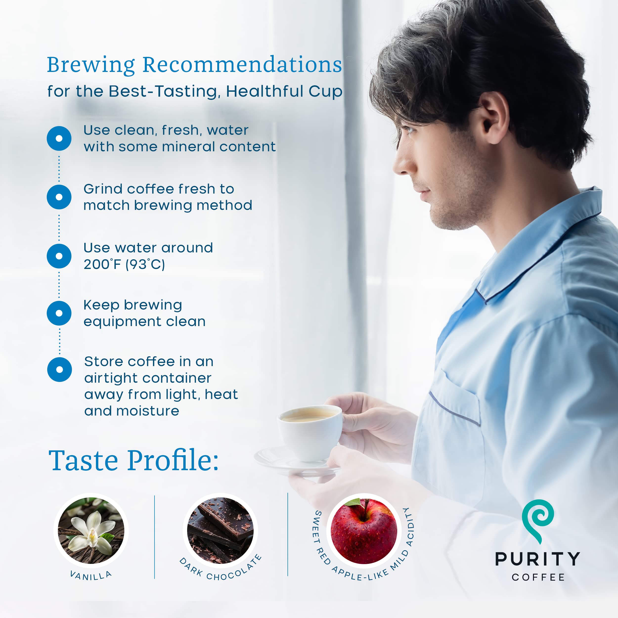 PURITY COFFEE brewed cup of CALM in kitchen showing balanced flavor