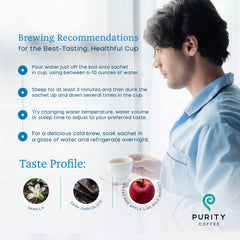 PURITY COFFEE brewed cup in a cozy setting illustrating calm, flavorful decaf moment