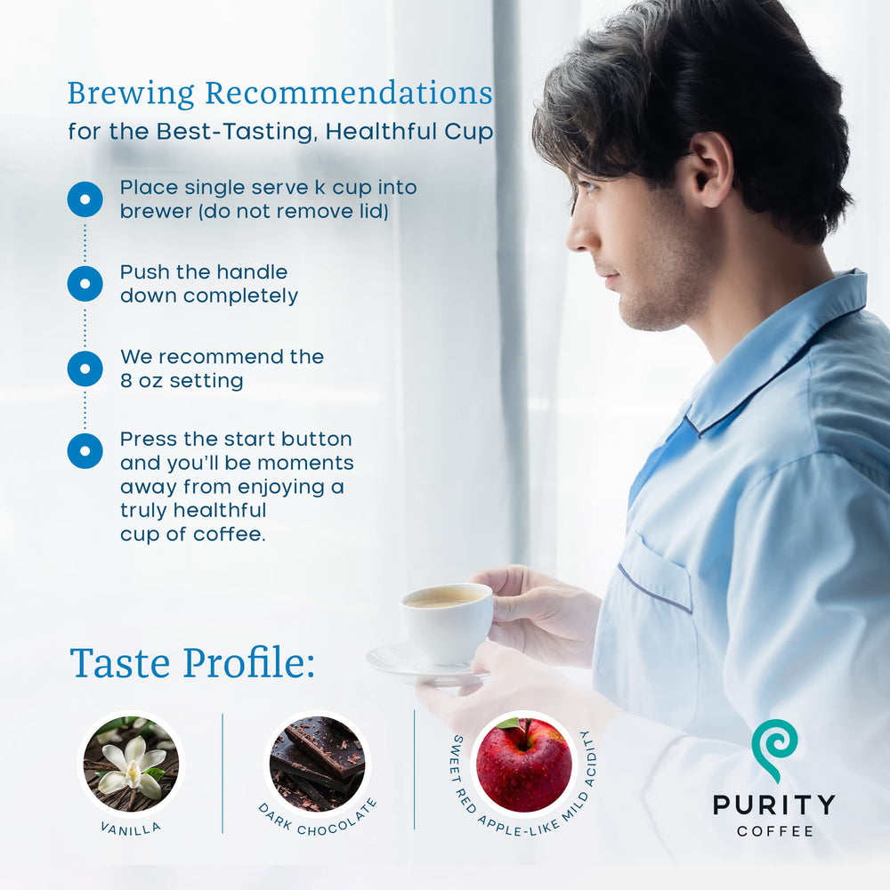 PURITY COFFEE CALM capsule loaded into a Keurig‑style brewer showing easy brewing