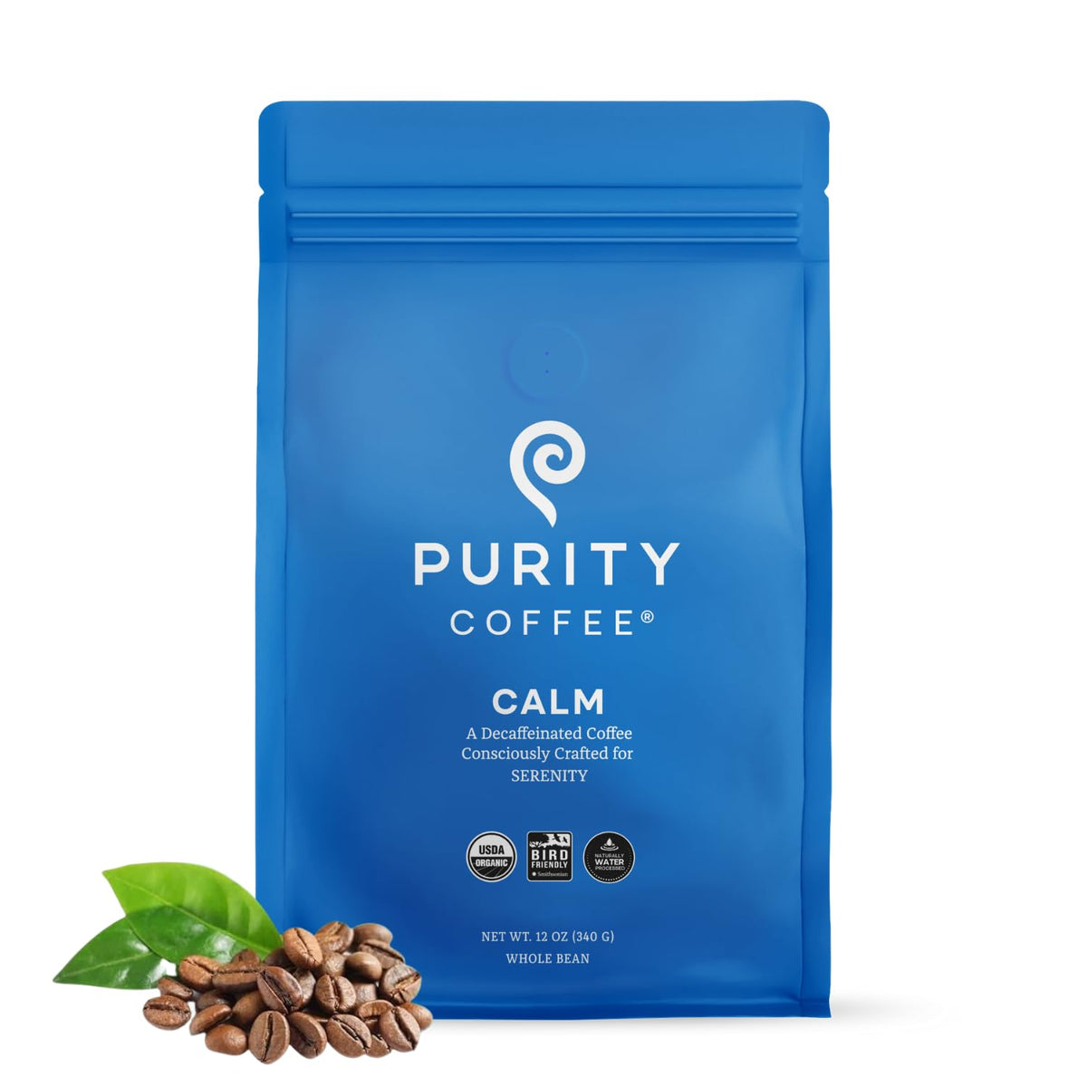 PURITY COFFEE front package showing 12oz bag and organic logos benefits