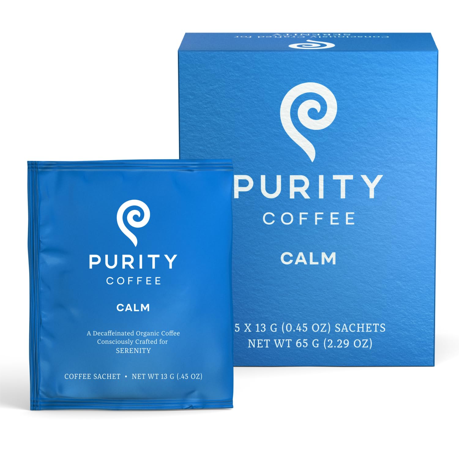 PURITY COFFEE front packaging showing decaf sachets and certifications for convenience