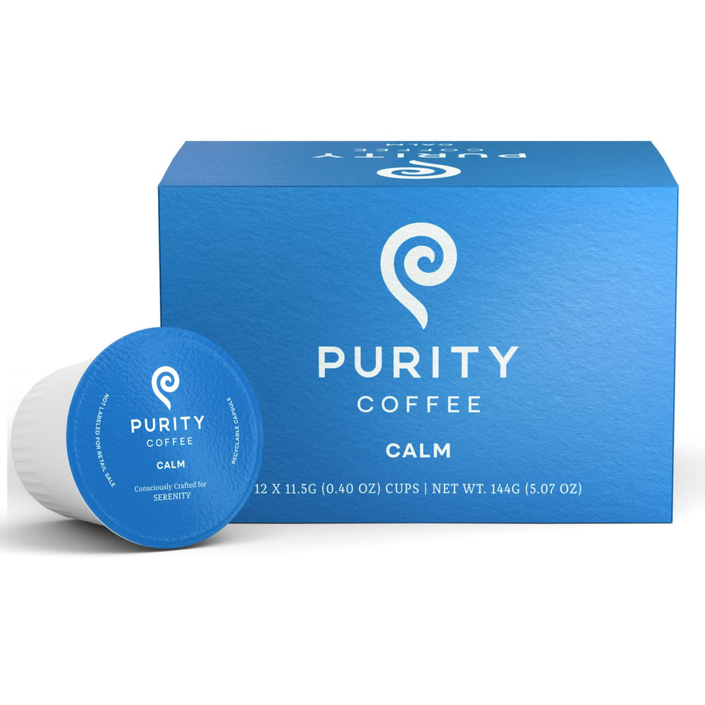 PURITY COFFEE CALM 12ct box front view showing branding and medium roast benefits